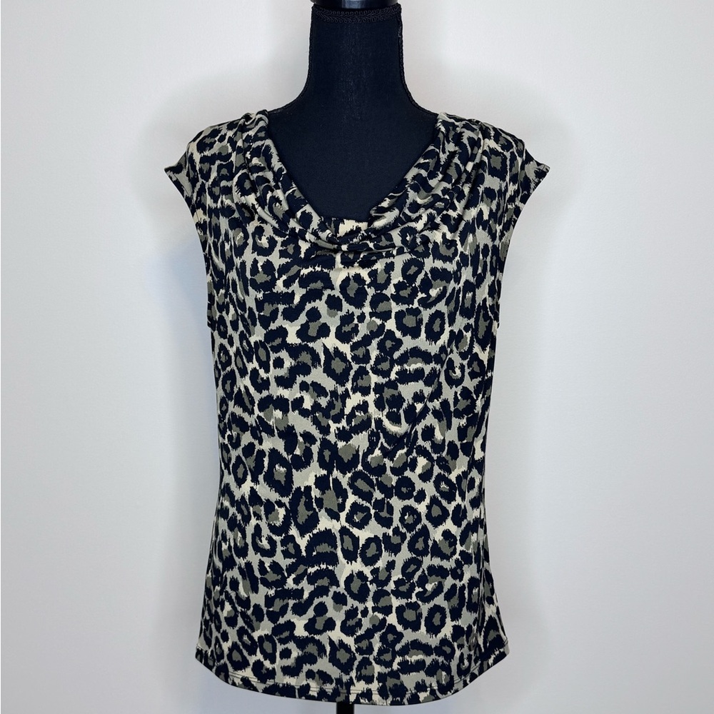 Michael Kors Tank Top Blouse Womens Medium Green Black Leopard Cowl Neck Spring